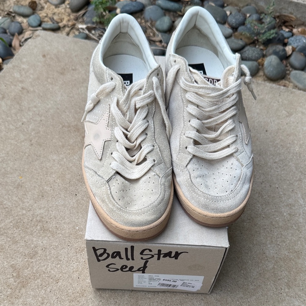 Golden Goose Cream Ball Star Sneakers with Star Accent